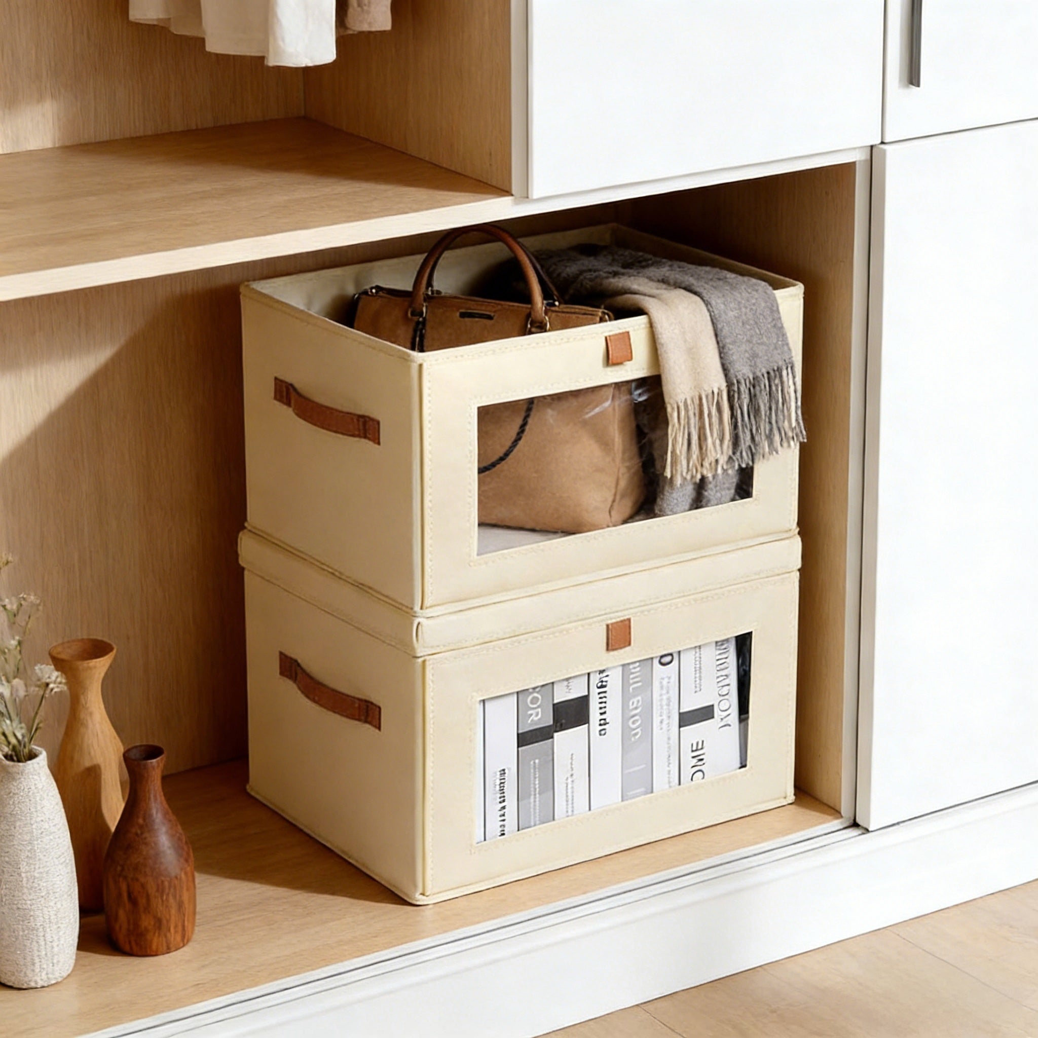 Stackable Fabric Storage Bins with Clear Window & Lid