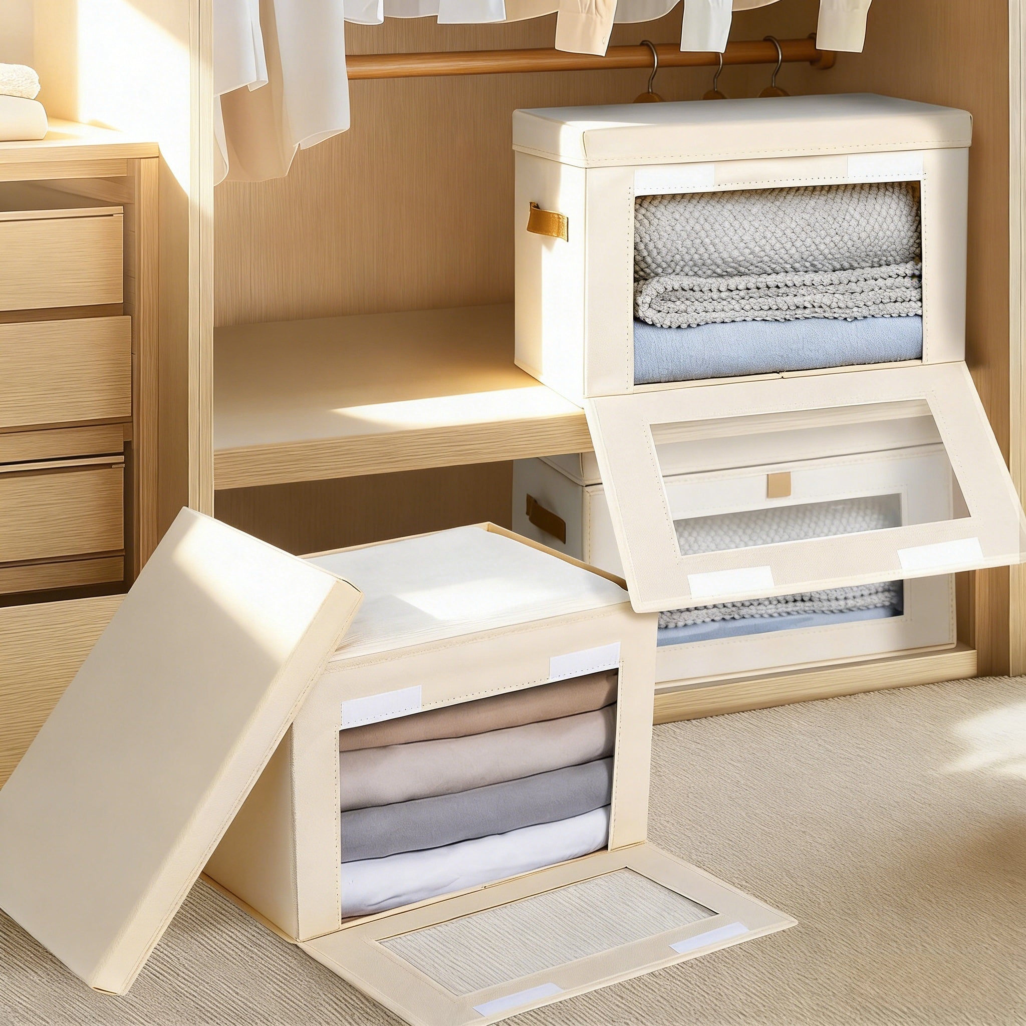 Stackable Fabric Storage Bins with Clear Window & Lid